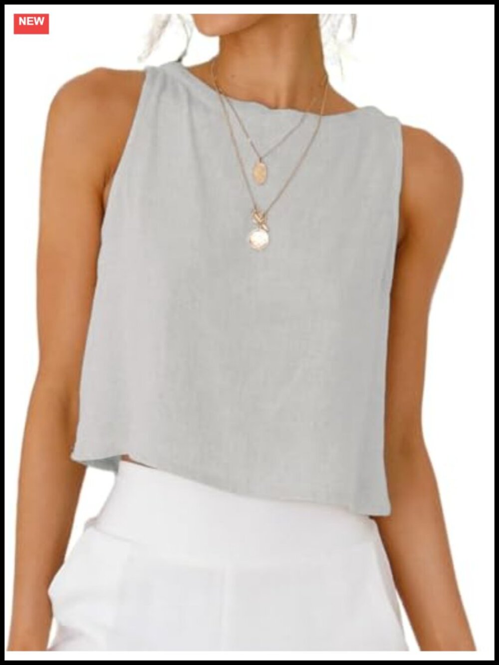 Womens Linen Blend Crop Tank Top Sleeveless High Neck Summer Casual